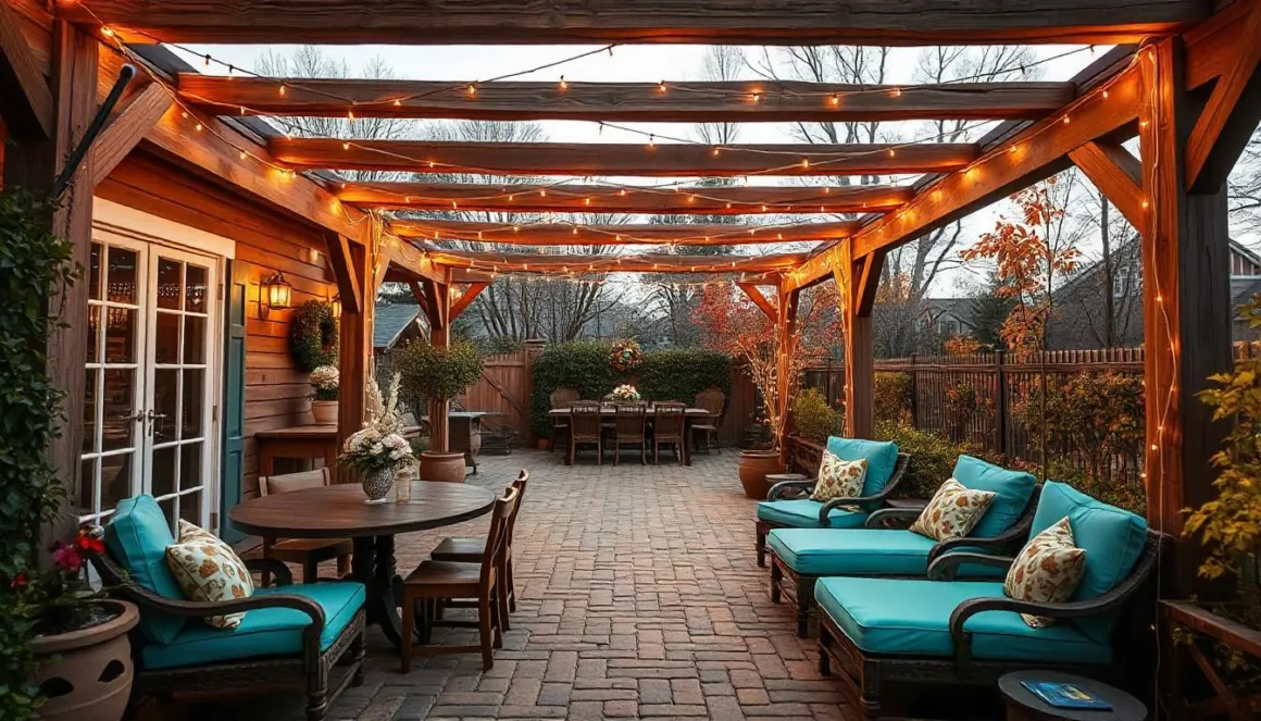 Elegant outdoor entertaining space with a rustic wooden pergola adorned with fairy lights, a cobblestone pathway, and vibrant turquoise cushioned lounge chairs on a crisp autumn day.