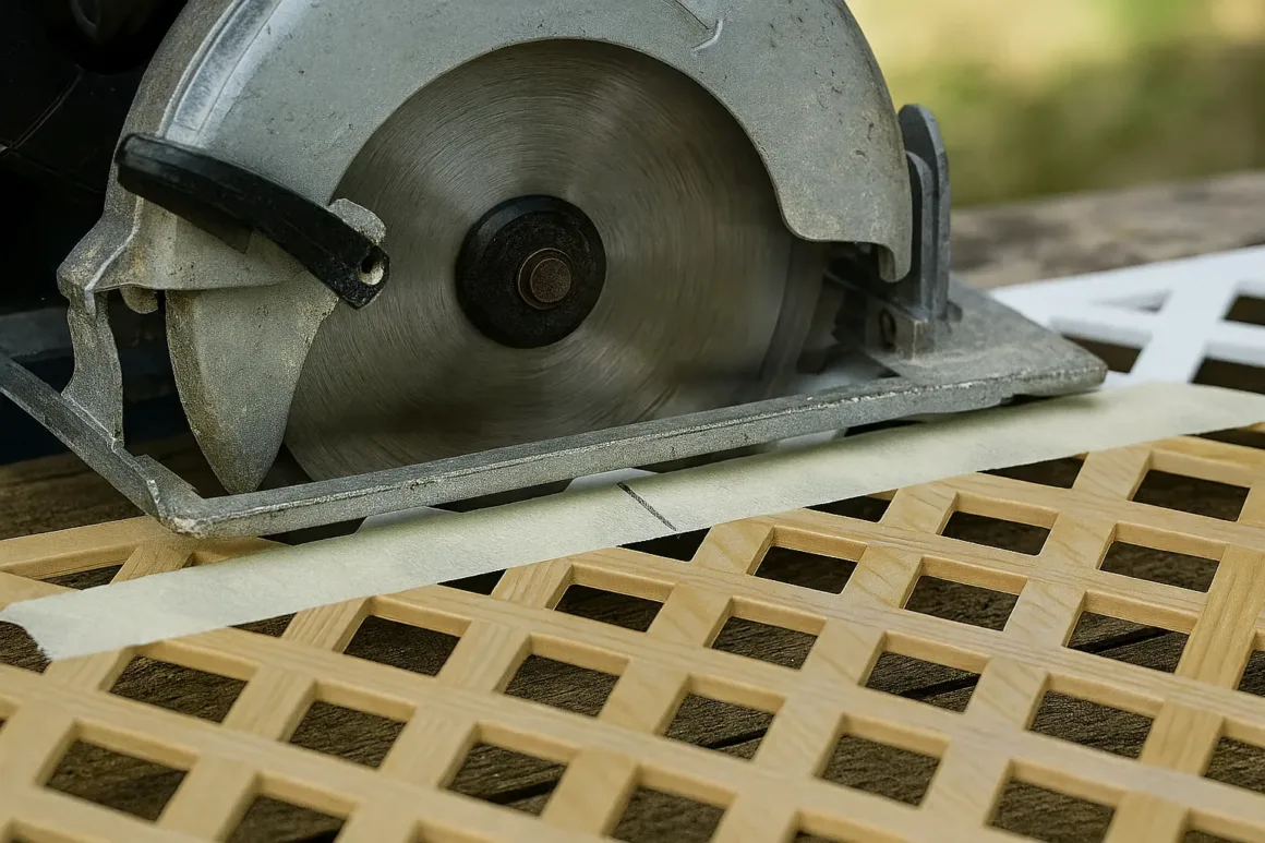 DIYer cutting vinyl lattice panel with fine-tooth saw and tape to prevent chipping.
