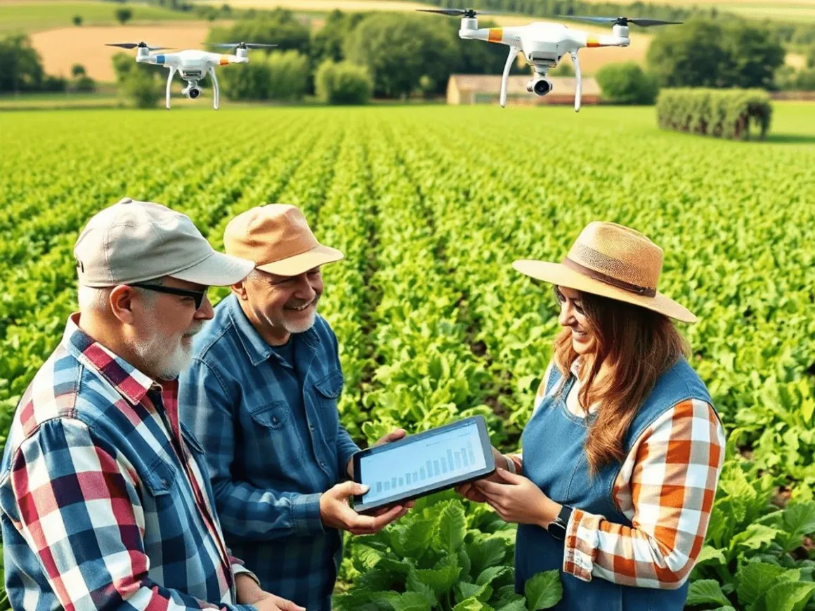 Farmers using a tablet while drones fly over lush crops in a vibrant, modern agricultural landscape.