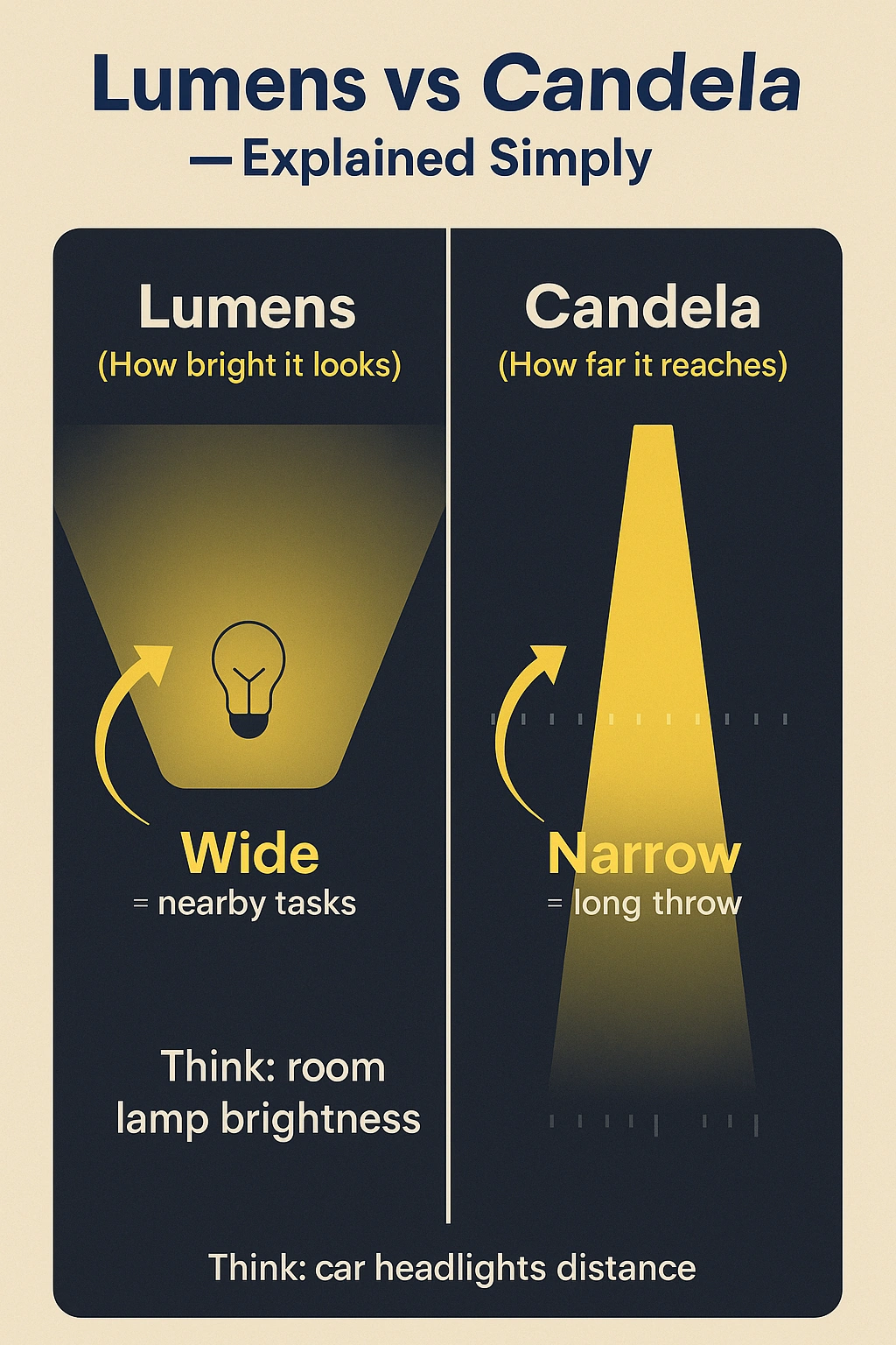 Infographic comparing lumens vs candela in torch lights: lumens show brightness like a room lamp, candela shows beam distance like car headlights.