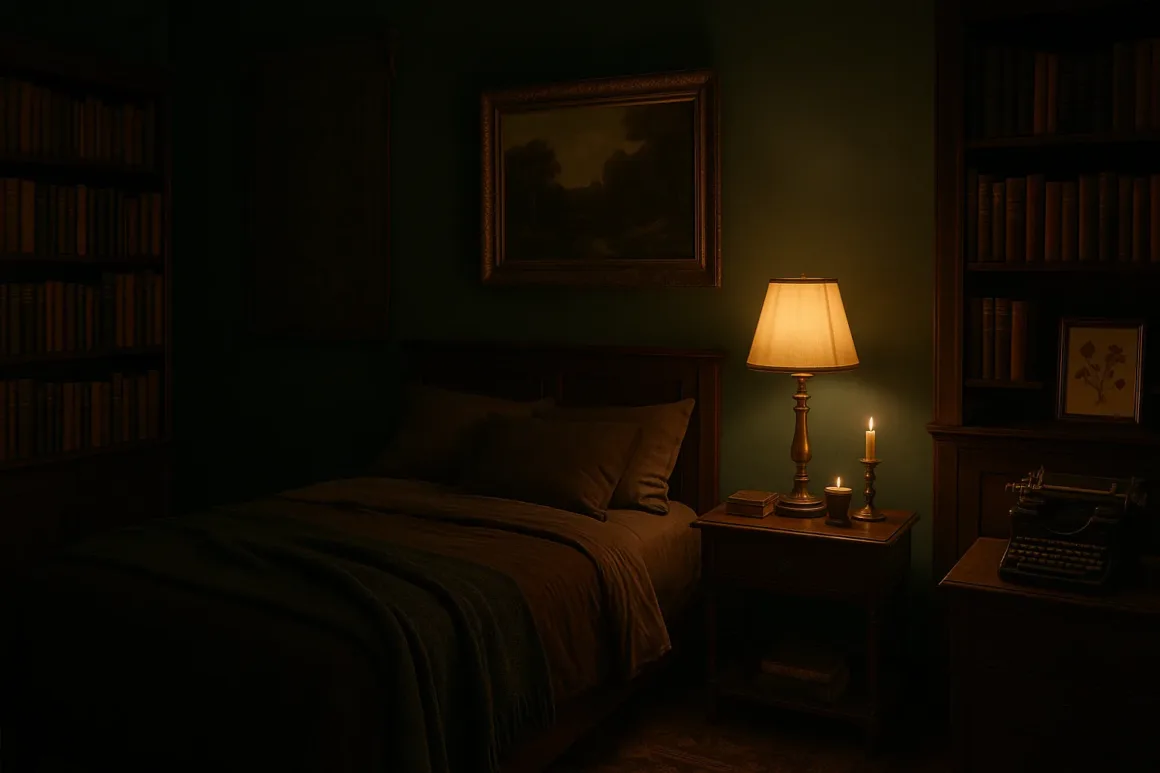 Dark academia bedroom with dark green walls, wooden bed, warm lamp light, candles, bookshelves, and a vintage typewriter