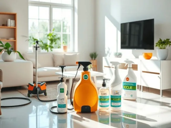 Modern living room with natural light, sparkling surfaces, and eco-friendly cleaning products neatly arranged, conveying freshness and health.