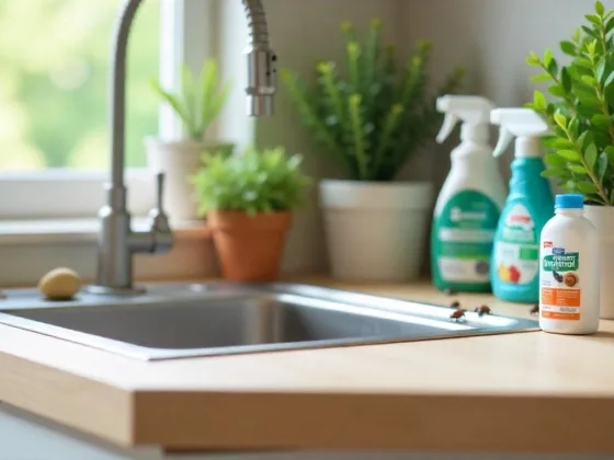 Modern kitchen corner with sealed sink cracks, eco-friendly pest control products on counter, and ladybugs on nearby green plants.