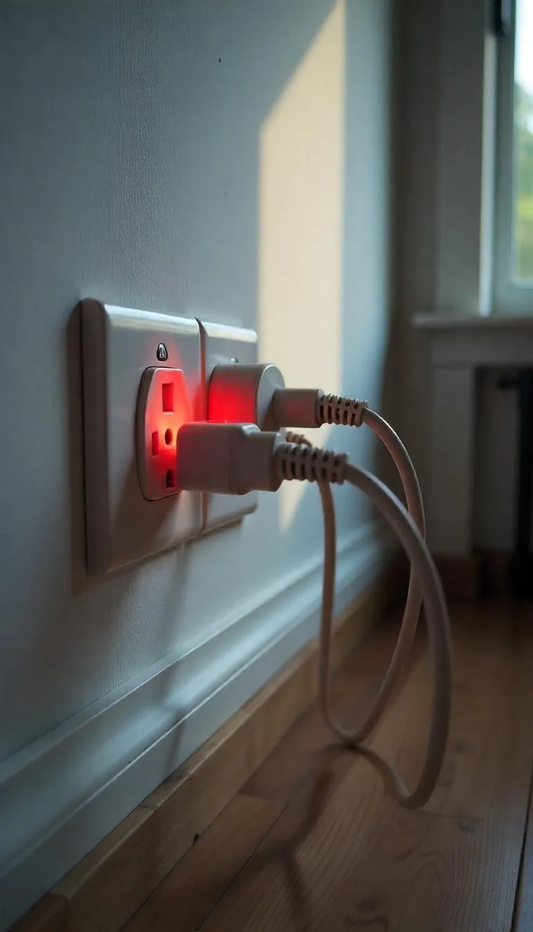 Modern home interior with multiple plugs in outlets, some glowing red to show overheating, and a warning symbol indicating electrical overload risks.