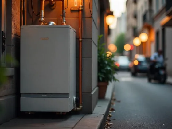 A compact, energy-efficient water heater in a small, urban utility room with exposed pipes and minimalist decor, highlighting its space-saving benefits. The setting is a bustling summer evening, with warm, artificial lighting to emphasize the convenience and comfort it brings to city living.