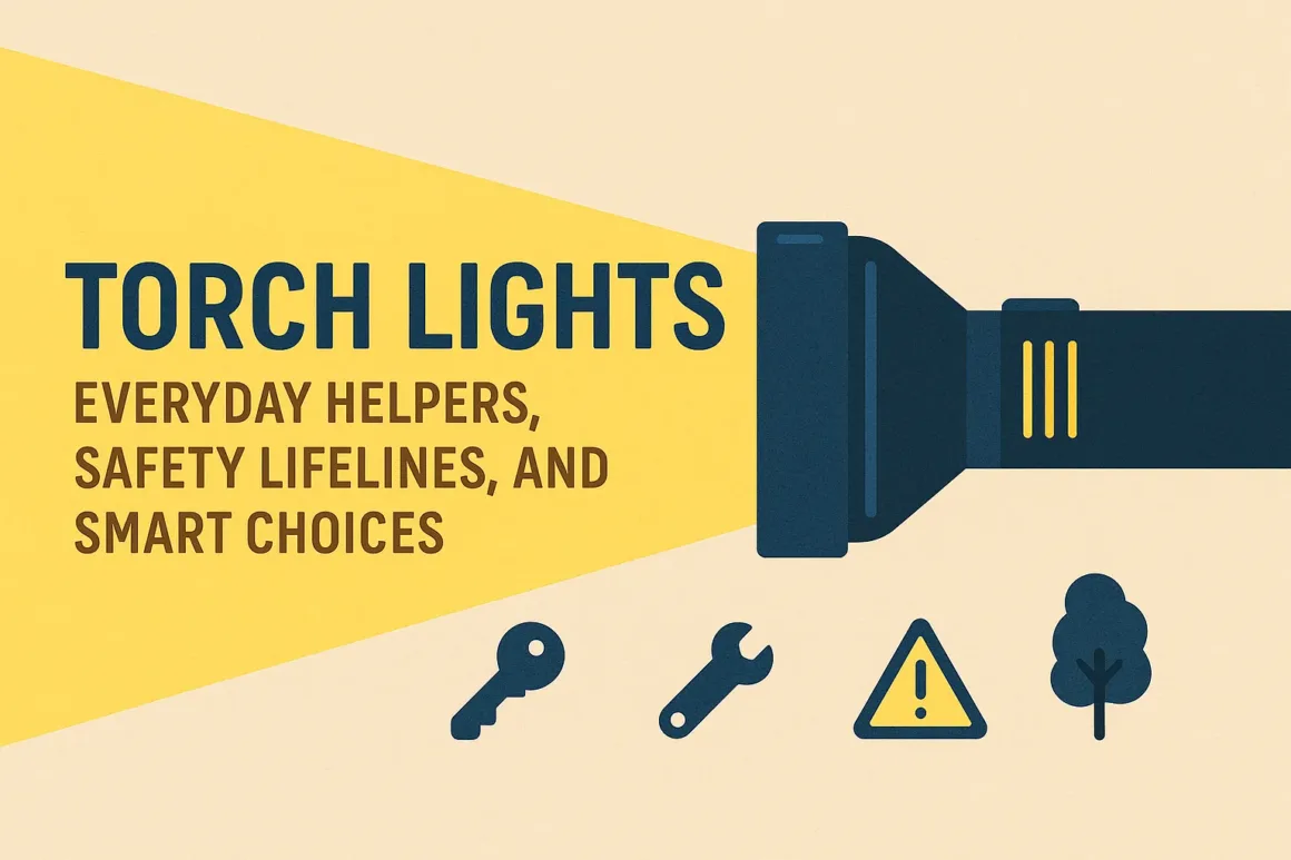Image showing a person holding a bright torch light, with its beam revealing icons for home, car, tent, toolbox, and medical cross — symbolizing everyday, emergency, outdoor, and professional uses of flashlights.