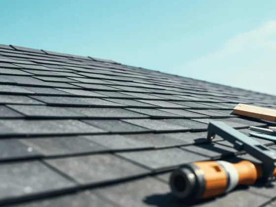 Close-up of a modern roof with high-quality shingles under a bright blue sky, roofing tools and materials nearby, showcasing expert craftsmanship.