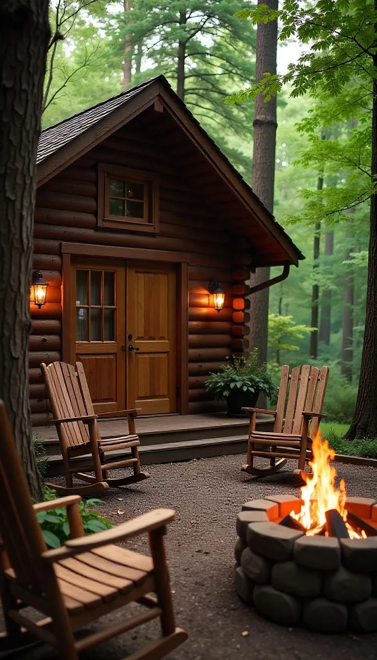 Cozy rustic cabin in a wooded setting with warm wooden textures, rocking chairs, and a fire pit, evoking charm and inviting outdoor comfort.