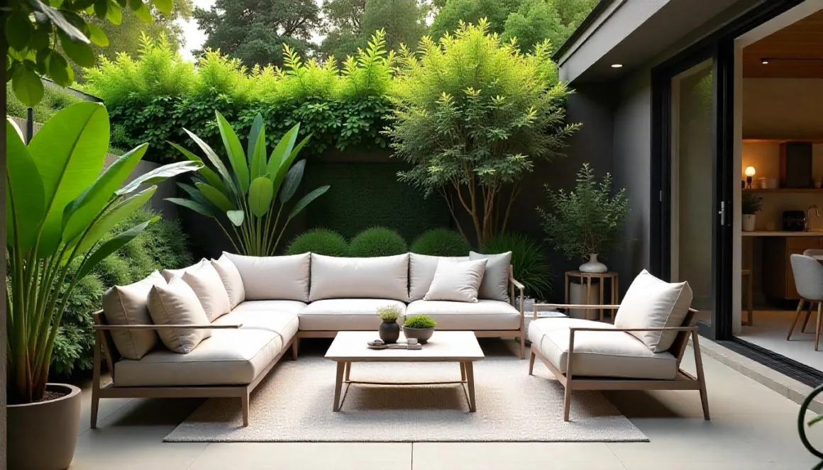 Outdoor patio with sleek modern furniture in neutral tones, surrounded by lush greenery, creating a cozy and sophisticated atmosphere.