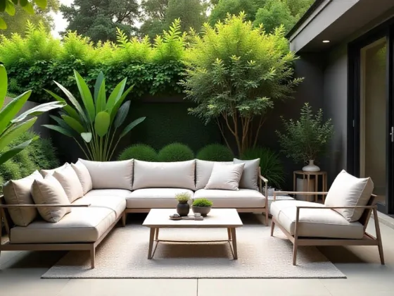 Outdoor patio with sleek modern furniture in neutral tones, surrounded by lush greenery, creating a cozy and sophisticated atmosphere.