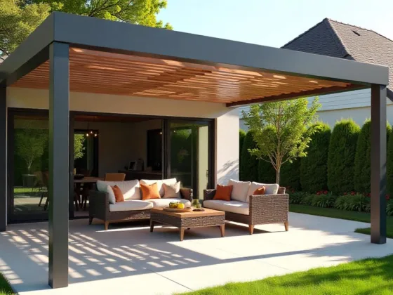 Modern backyard patio with adjustable pergola, rotating louvers casting shadows, surrounded by greenery and cozy outdoor furniture under sunny skies.