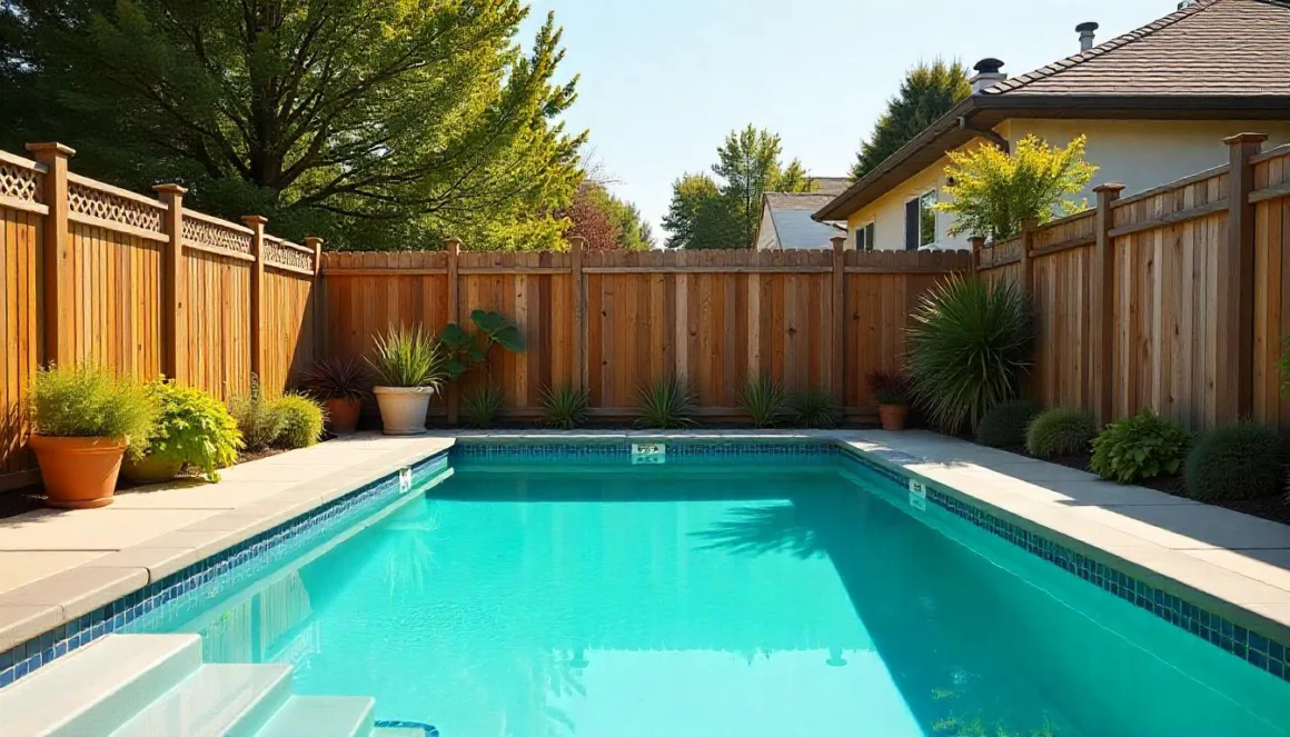 A backyard pool surrounded by fences under a sunny sky.