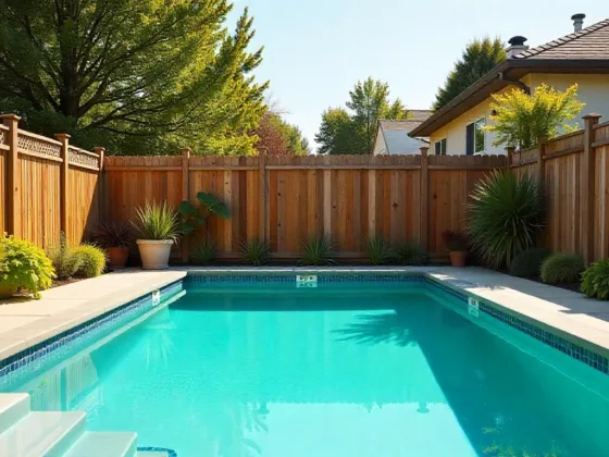 A backyard pool surrounded by fences under a sunny sky.