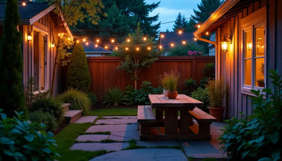 Cozy backyard at dusk with warm string lights casting long shadows, soft path lights highlighting a mossy stone garden walkway, and elegant pendant lights illuminating a simple wooden outdoor dining table, spring evening.