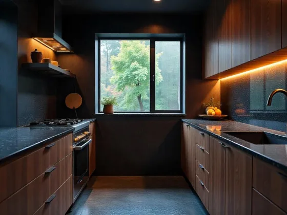 A modern kitchen on a rainy day, featuring black terrazzo countertops with subtle aggregate, polished concrete floors with a non-slip finish, and dark mahogany wood veneer cabinets. The kitchen includes a large stainless steel sink and a view of the rain-streaked window. The scene is dramatic and cozy.