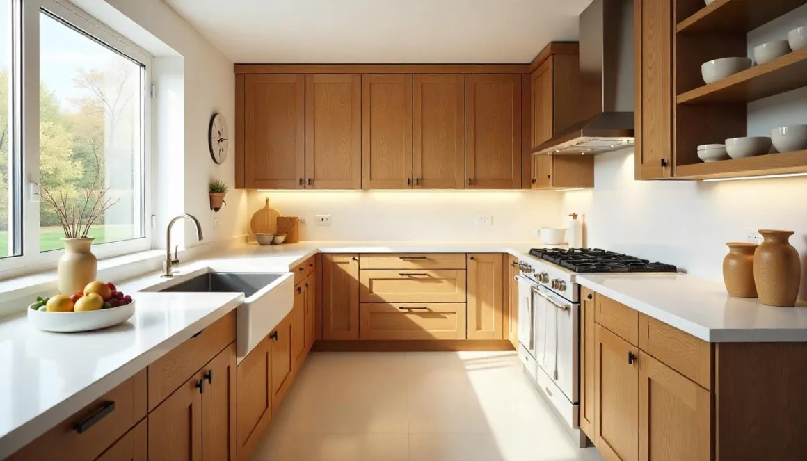 Bright modern kitchen with elegant custom wooden cabinets in varied styles and finishes, highlighting high-quality craftsmanship and tailored design.