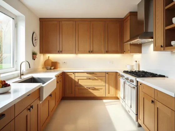 Bright modern kitchen with elegant custom wooden cabinets in varied styles and finishes, highlighting high-quality craftsmanship and tailored design.