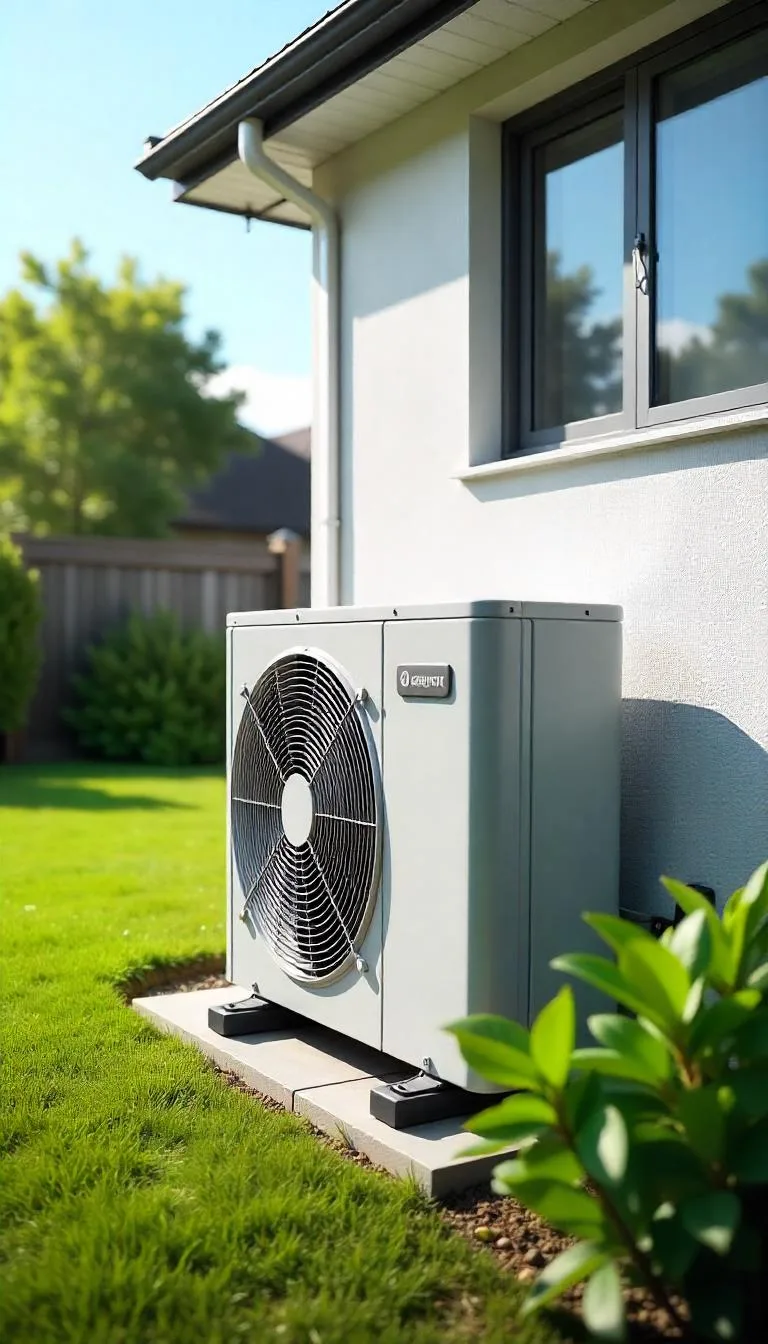 Modern heat pump unit installed outside a suburban home with greenery and a clear blue sky, showcasing energy-efficient heating and cooling technology.