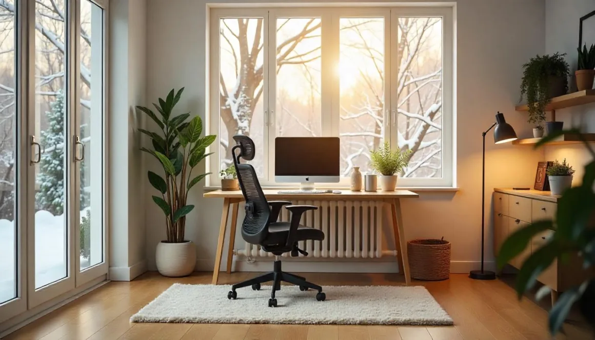 Bright modern home office with an ergonomic black mesh chair and light oak desk.
