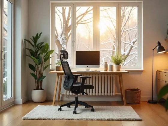 Bright modern home office with an ergonomic black mesh chair and light oak desk.