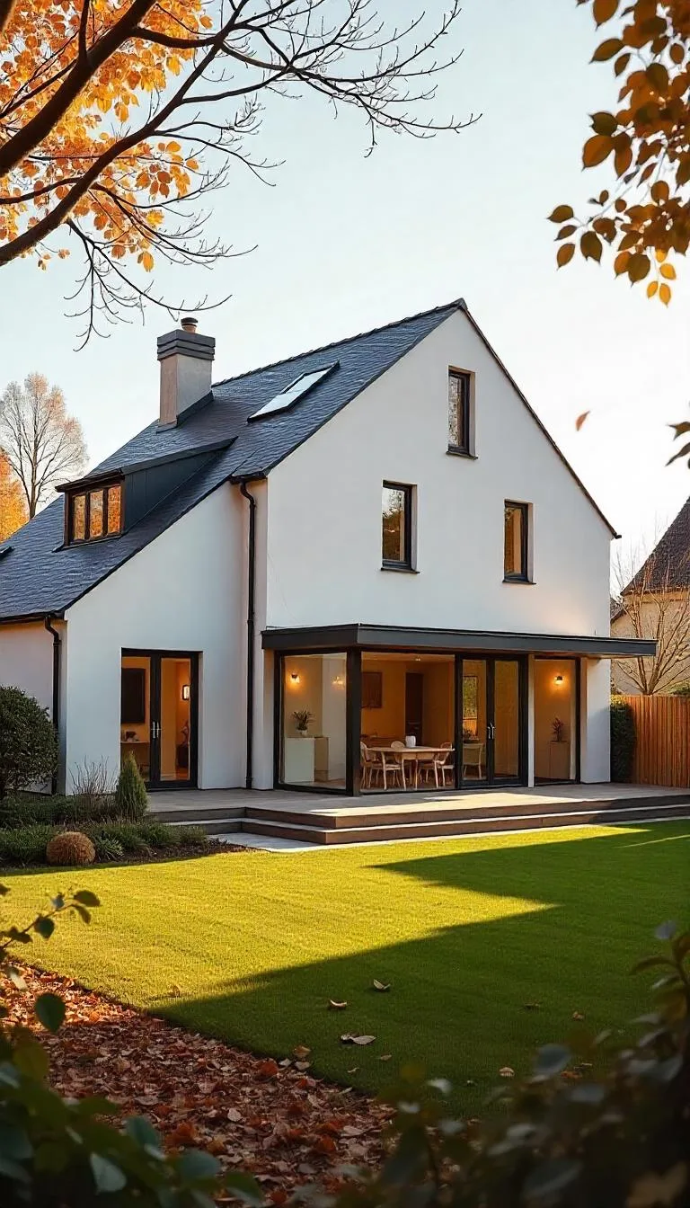 A bright modern house with multiple extensions including rear garden, side, wrap-around L-shape, and second-storey additions in a sunny suburban neighborhood on a crisp autumn afternoon.