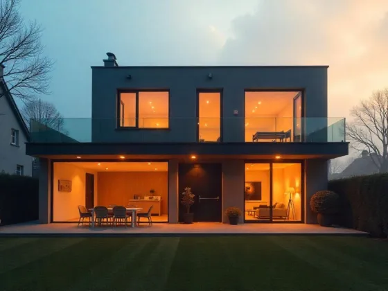 Modern house with multiple extensions, large windows, a second-storey addition, and a neat garden shrouded in fog under a misty morning sky.