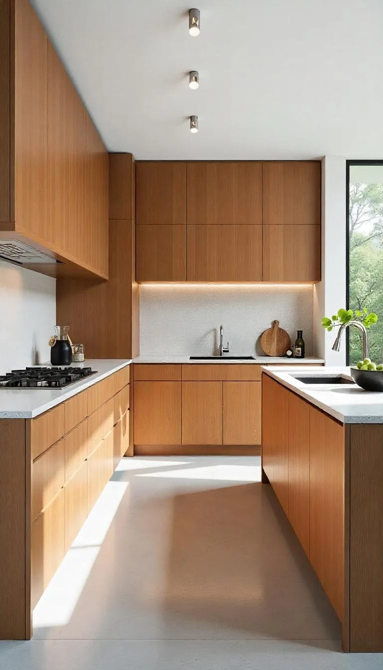 Modern kitchen with terrazzo countertops, polished concrete floors, and warm wood veneer cabinets in a clean, contemporary style.