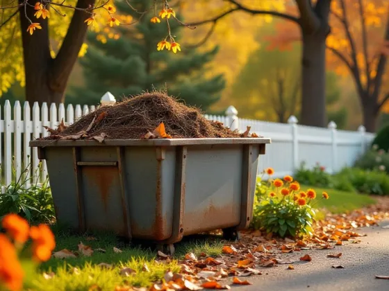 A large metal dumpster sits in a driveway surrounded by blooming flowers in spring, filled with garden waste and old landscaping materials from a yard makeover. A white picket fence borders the property.