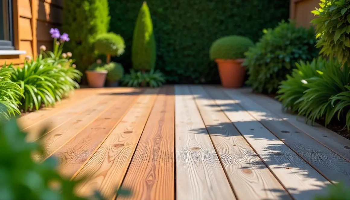Split image of a sunny backyard with a natural wood deck on one side and a sleek composite deck on the other, surrounded by green plants.