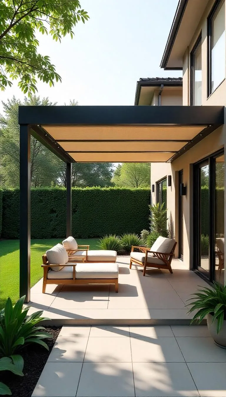 Modern backyard patio with adjustable pergola, rotating louvers, lush greenery, and comfortable outdoor furniture bathed in soft natural sunlight.