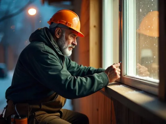 Insulation installation process: Sealing air leaks around windows with caulk and weather stripping during a rainy winter night.