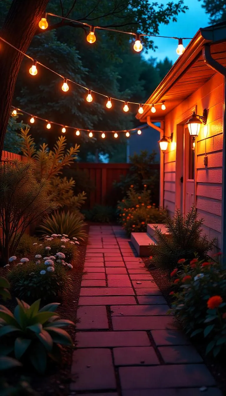 Cozy backyard at dusk with warm string lights, path lights along garden walkway, wall sconces on house, and subtle deck and step lighting.