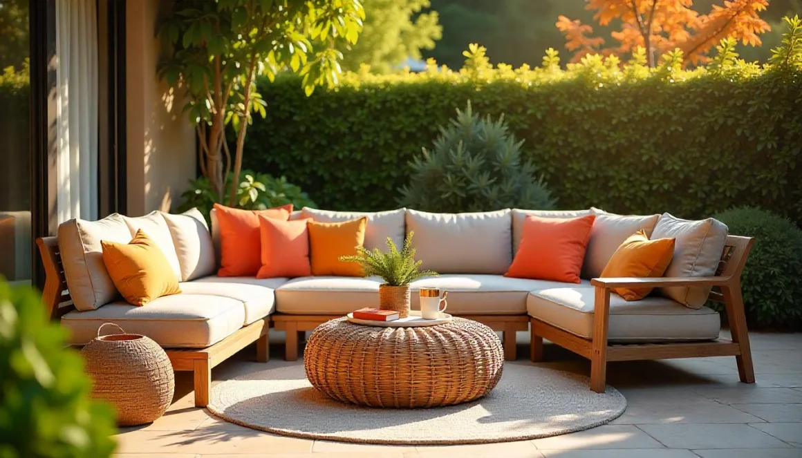 Cozy outdoor lounge with wicker ottoman, colorful cushions, sunlit patio, greenery, and stylish outdoor furniture.