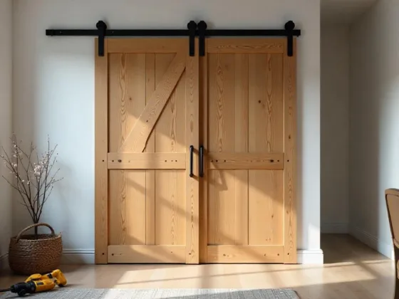 Sleek wooden sliding barn door on metal track with drill, measuring tape, and level nearby in a modern home interior, featuring Scandinavian design elements, with a neutral color palette and diffused lighting on a cloudy spring morning.