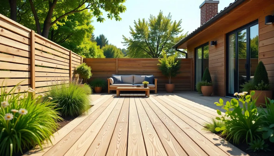 Modern backyard with eco-friendly WPC composite decking and fencing, natural wood textures, lush greenery, and bright sunny sky, highlighting sustainable outdoor living.