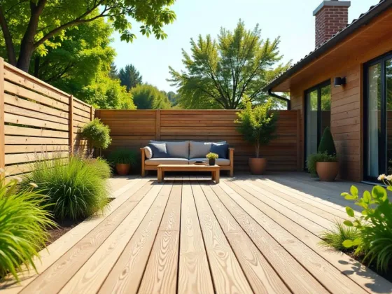 Modern backyard with eco-friendly WPC composite decking and fencing, natural wood textures, lush greenery, and bright sunny sky, highlighting sustainable outdoor living.