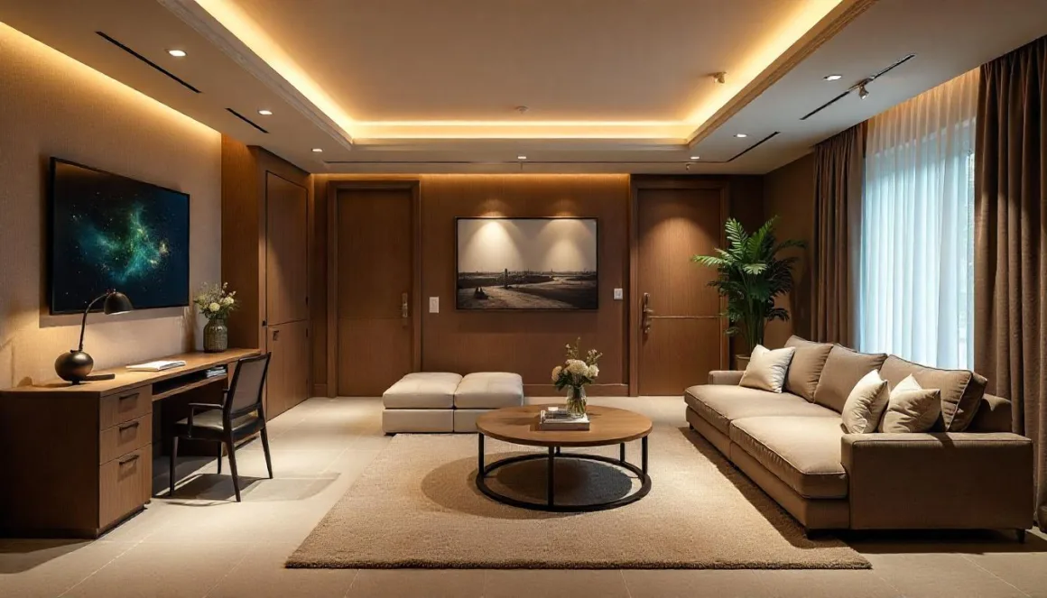 Spacious luxury basement with modern furniture, ambient lighting, and multifunctional areas including a home office, lounge, and gym, showcasing elegant design.