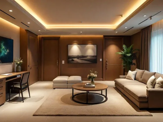 Spacious luxury basement with modern furniture, ambient lighting, and multifunctional areas including a home office, lounge, and gym, showcasing elegant design.