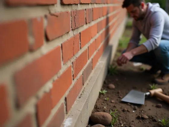Close-up of a brick wall with small cracks, a homeowner inspecting it, masonry tool nearby, and garden elements like gutters and downspouts in a realistic style.
