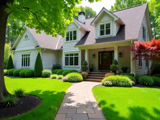 Lush suburban front yard with green lawn, mature trees, colorful flowers, and a stone walkway leading to a welcoming house entrance.