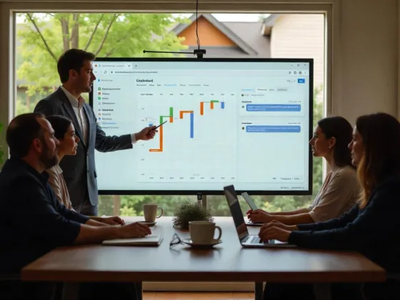 Digital dashboard showing HOA management tools with calendars, documents, chats, and board members collaborating around a table in a suburban neighborhood.