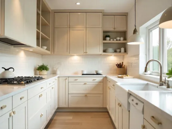 Bright modern kitchen with textured white oak cabinets, light speckled quartz countertops, and soft, diffused ambient lighting during a cloudy afternoon, showcasing a minimalist design with a farmhouse sink and subway tile backsplash.