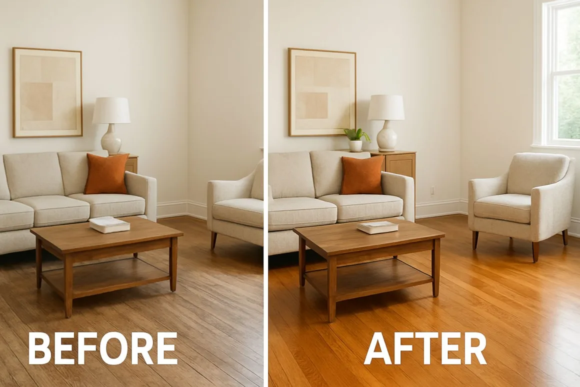 Before and after hardwood floor refinishing for added home value