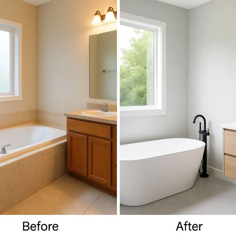 Before and after comparison showing a bathroom remodel featuring a freestanding tub and minimalist floating vanity.