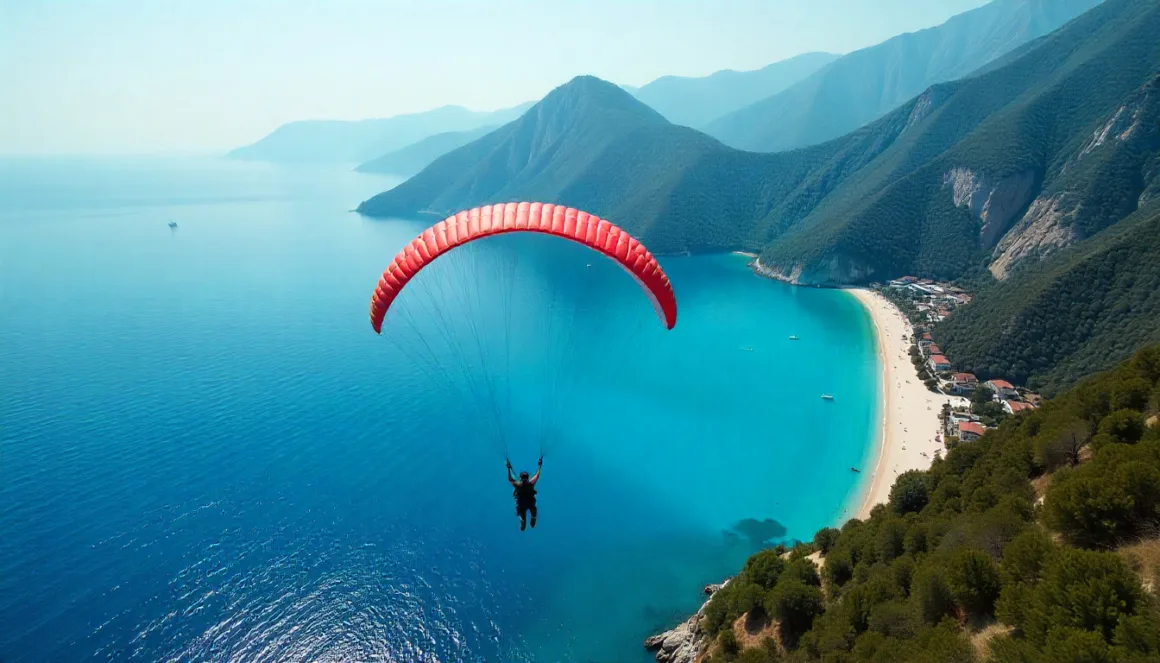 Paraglider flying over Oludeniz beach in Fethiye, showcasing Turkey’s scenic coastline