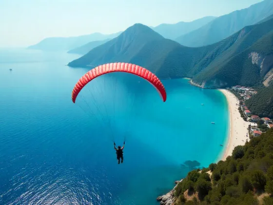 Paraglider flying over Oludeniz beach in Fethiye, showcasing Turkey’s scenic coastline