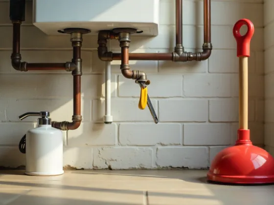 exposed pipes, water heater, and neatly arranged plumbing tools including a wrench and plunger for beginner maintenance.