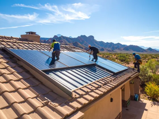 Roofers St George installing a new energy-efficient metal roof in a sunny desert home