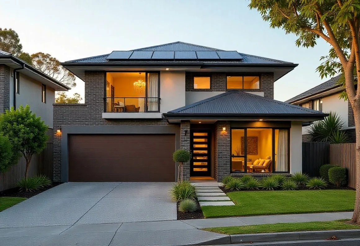 Sustainable 4-bedroom home design in Melbourne with solar panels and energy-saving features.