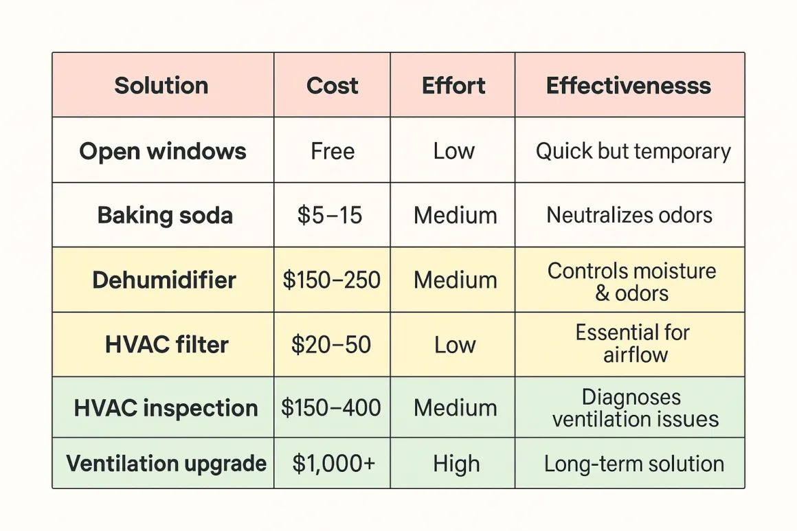 Infographic comparing solutions for stale indoor air: free DIY fixes, mid-cost options like dehumidifiers and HVAC filters, and professional upgrades like inspections and ventilation systems.